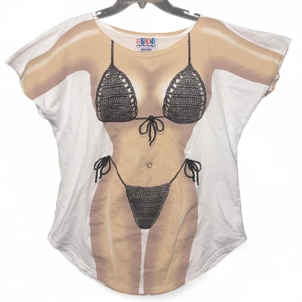 VTG My Bikini Novelty Bikini Body Illusion Beach Tee Belly Button Charm